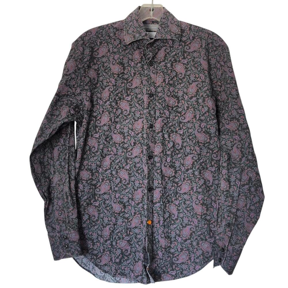 Thomas Dean Shirt Mens Small Paisley Long Sleeve Button Front Contrast Trim